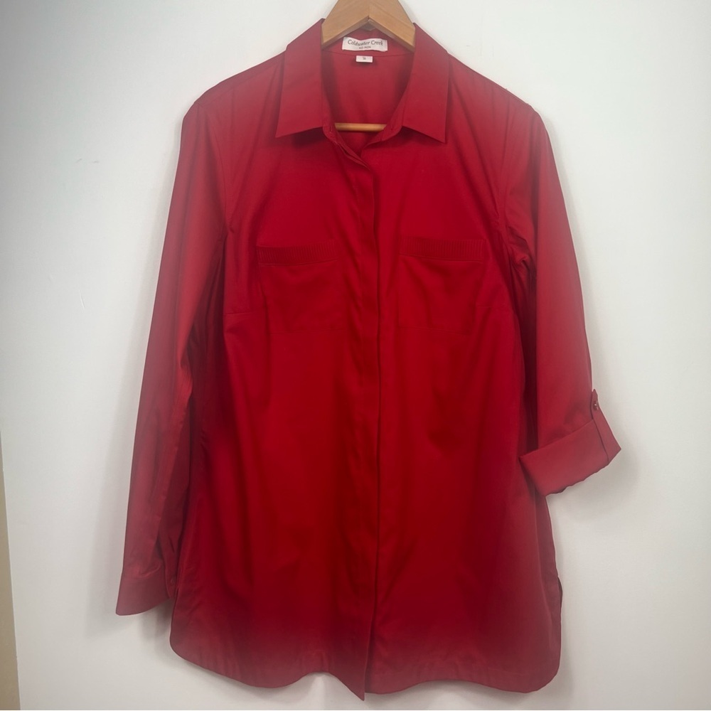 Coldwater Creek Size XL (16) No Iron Button Front Cotton Tunic Top Blouse Red